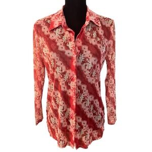Sheer Floral Mesh Button Down Top Red Large stretch 90’s rave festival grunge